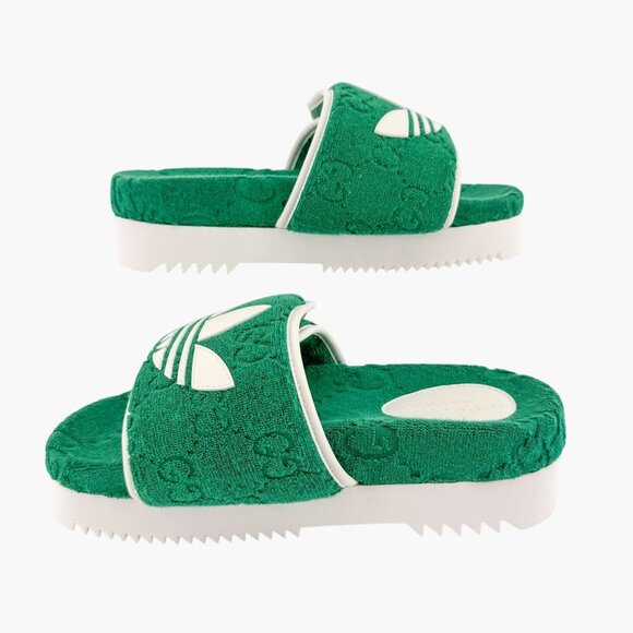 Gucci x Adidas GG Platform Slide Sandals EU 37 US 7 Green Monogram Terry Mule - Picture 9 of 12